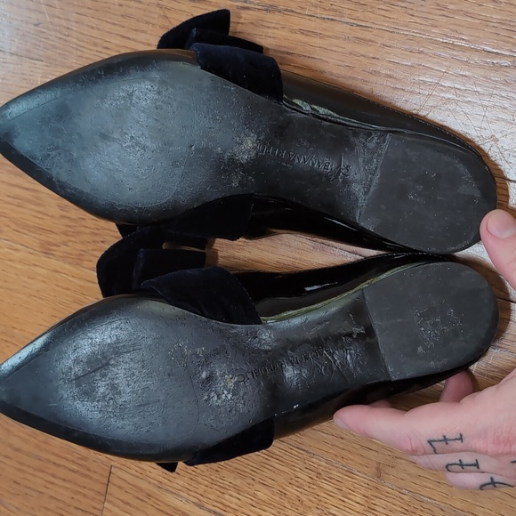 Banana Republic Black Patent Leather Mules With Navy Velvet Bows Festive Holiday - Picture 6 of 8
